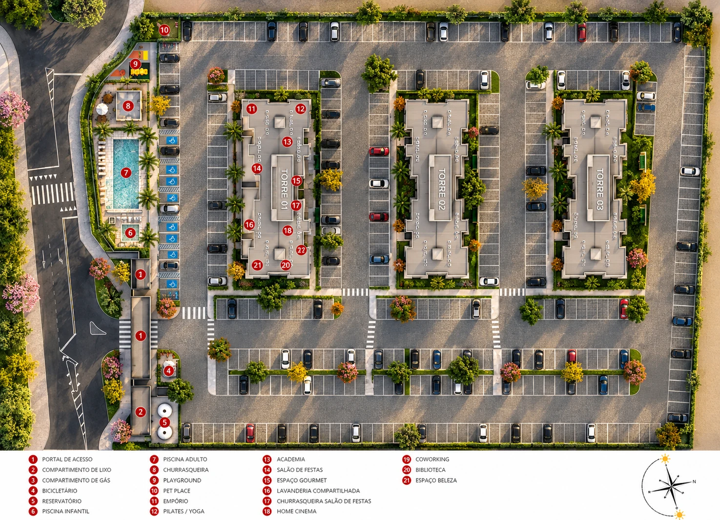 Implantacao do Portal Sons de Capella com as tres torres, o estacionamento e as areas de lazer numeradas