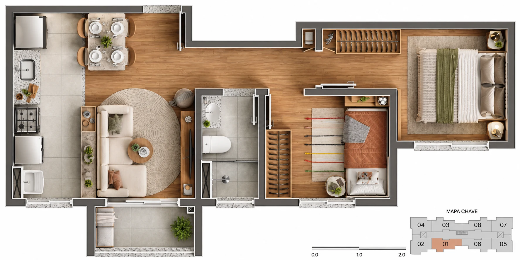 Planta do apartamento de 44,80 metros quadrados, com 2 dormitorios, banheiro, sala, cozinha e varanda