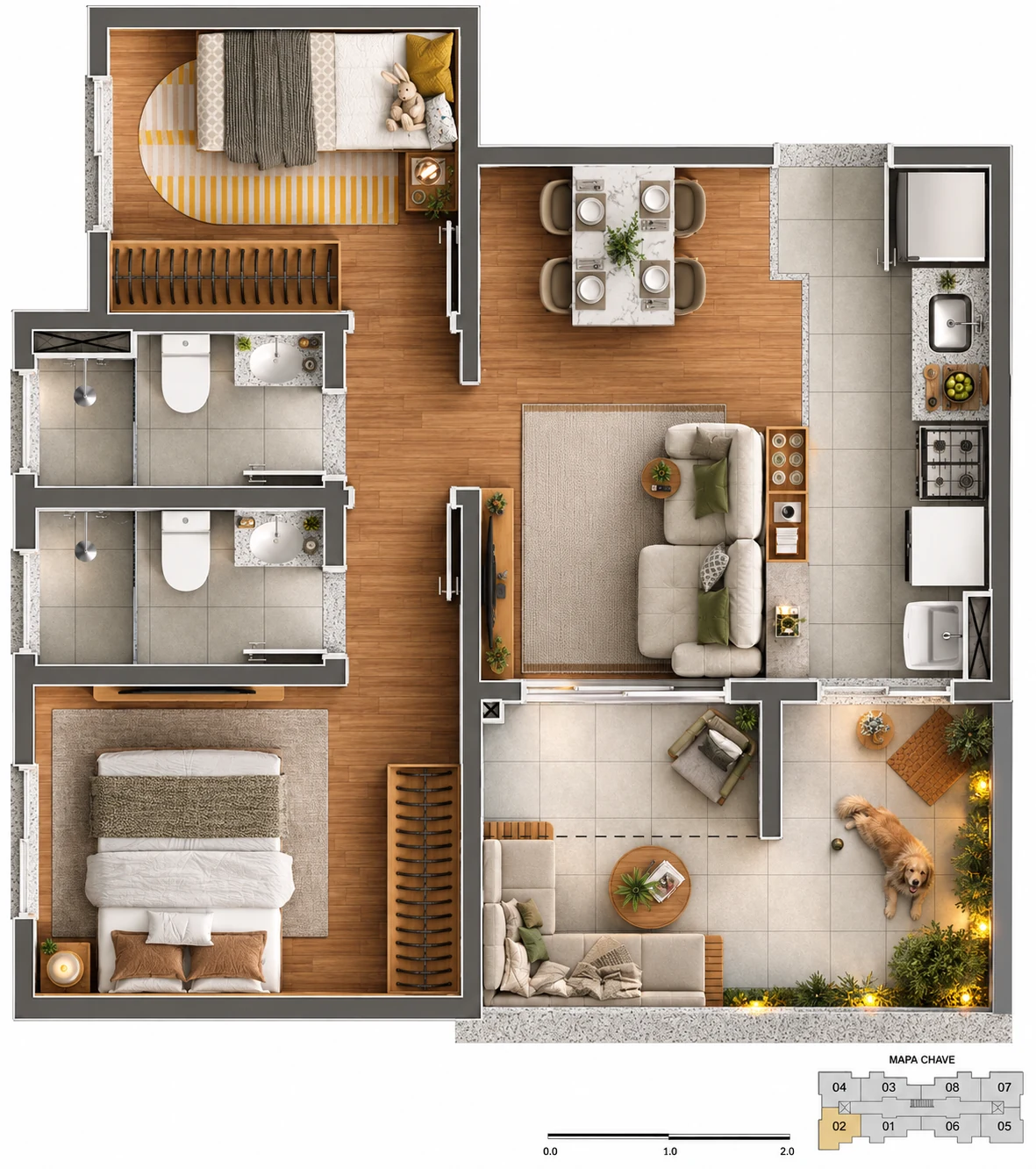 Planta da unidade 202, com 48,08 metros quadrados de area interna, suite e 7,35 metros quadrados de terraco