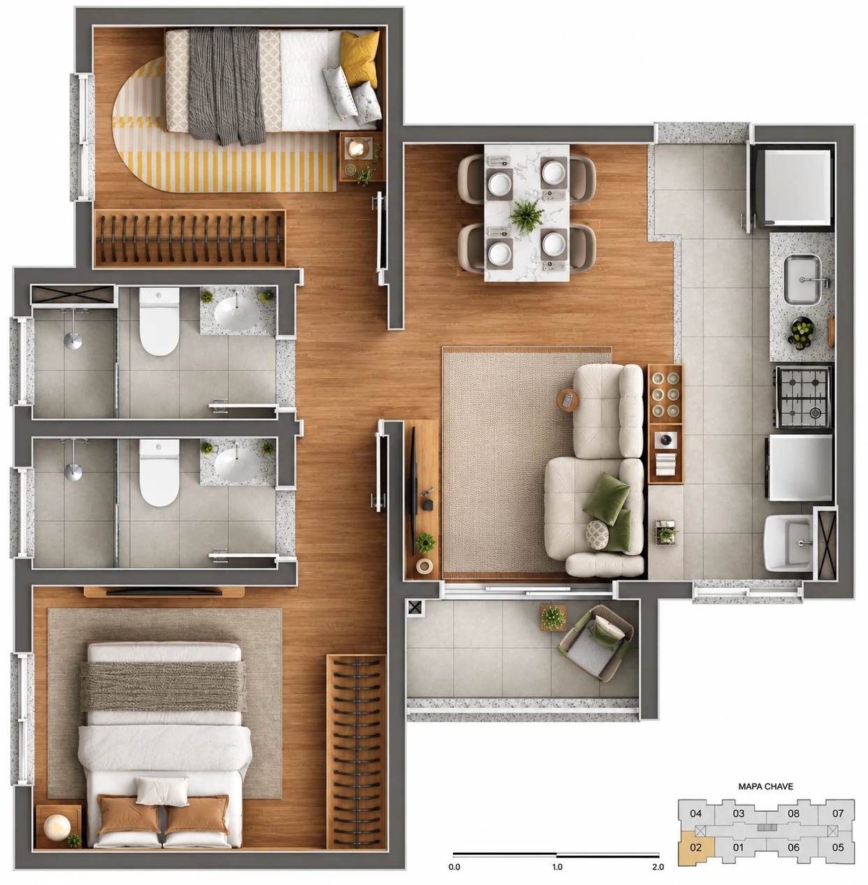 Planta do apartamento de 48,08 metros quadrados, com 2 dormitorios, suite, dois banheiros e varanda