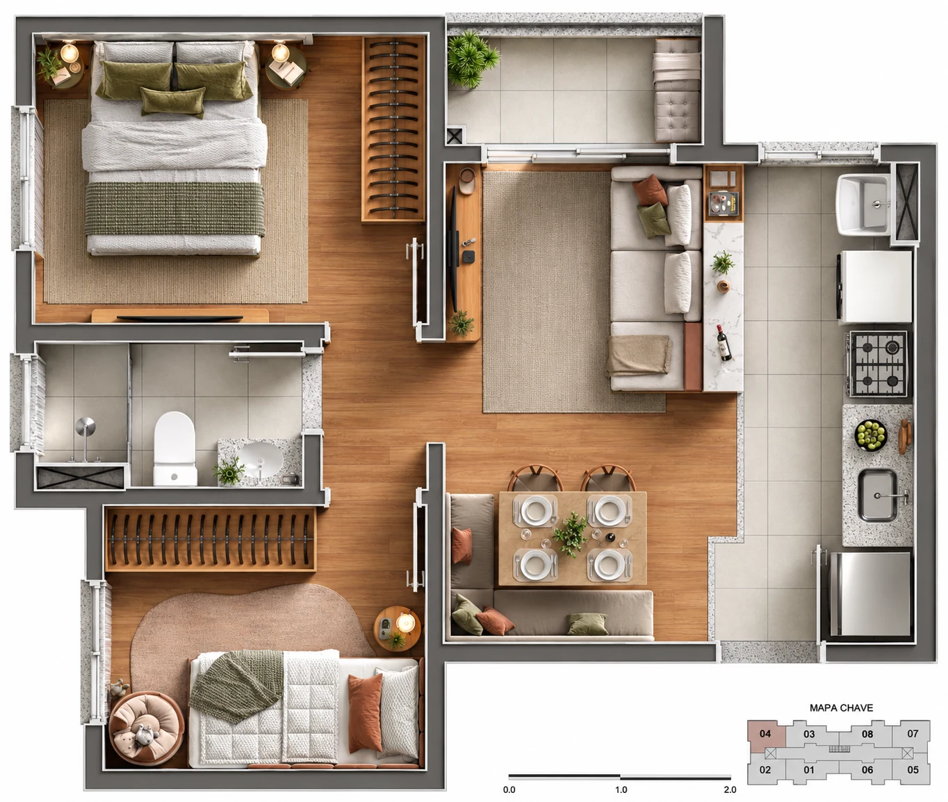 Planta do apartamento de 42,91 metros quadrados, com 2 dormitorios, banheiro, sala, cozinha e varanda